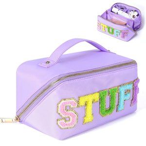 Women Chenille Letter Open Flat Nylon Stuff Makeup Travel Cosmetic Bag Purple